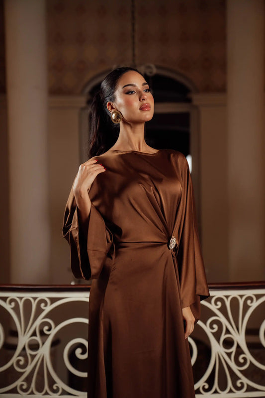 Robe Longue Satinée Marron Chocolat